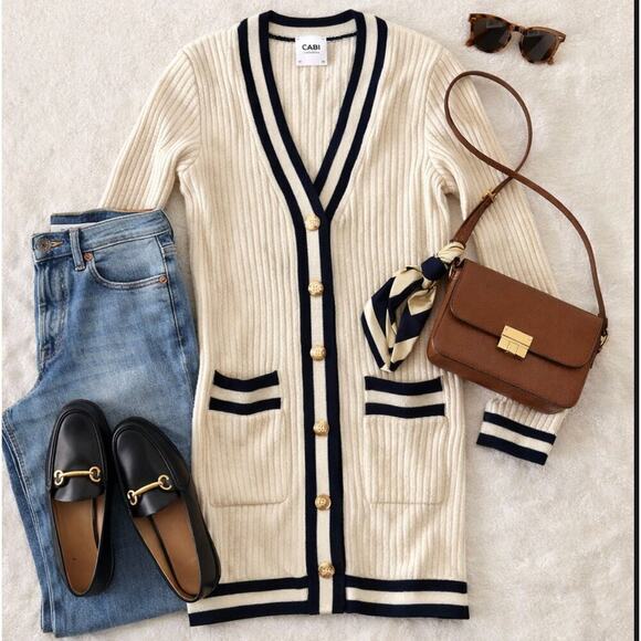 CAbi Sweaters - Vintage CAbi Cream Ribbed Preppy Long Cardigan Size S